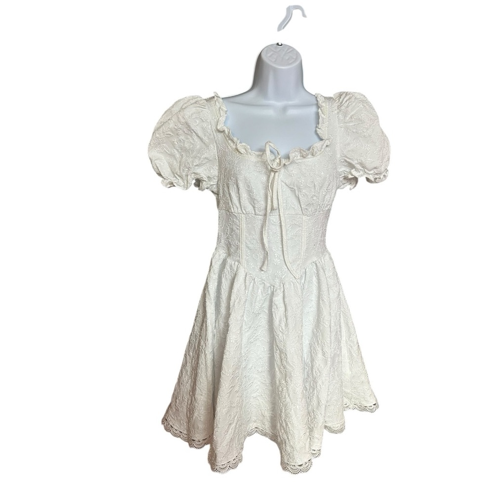 SHEIN White Floral Puffy Sleeve Babydoll Milkmaid Mini Dress Size XS